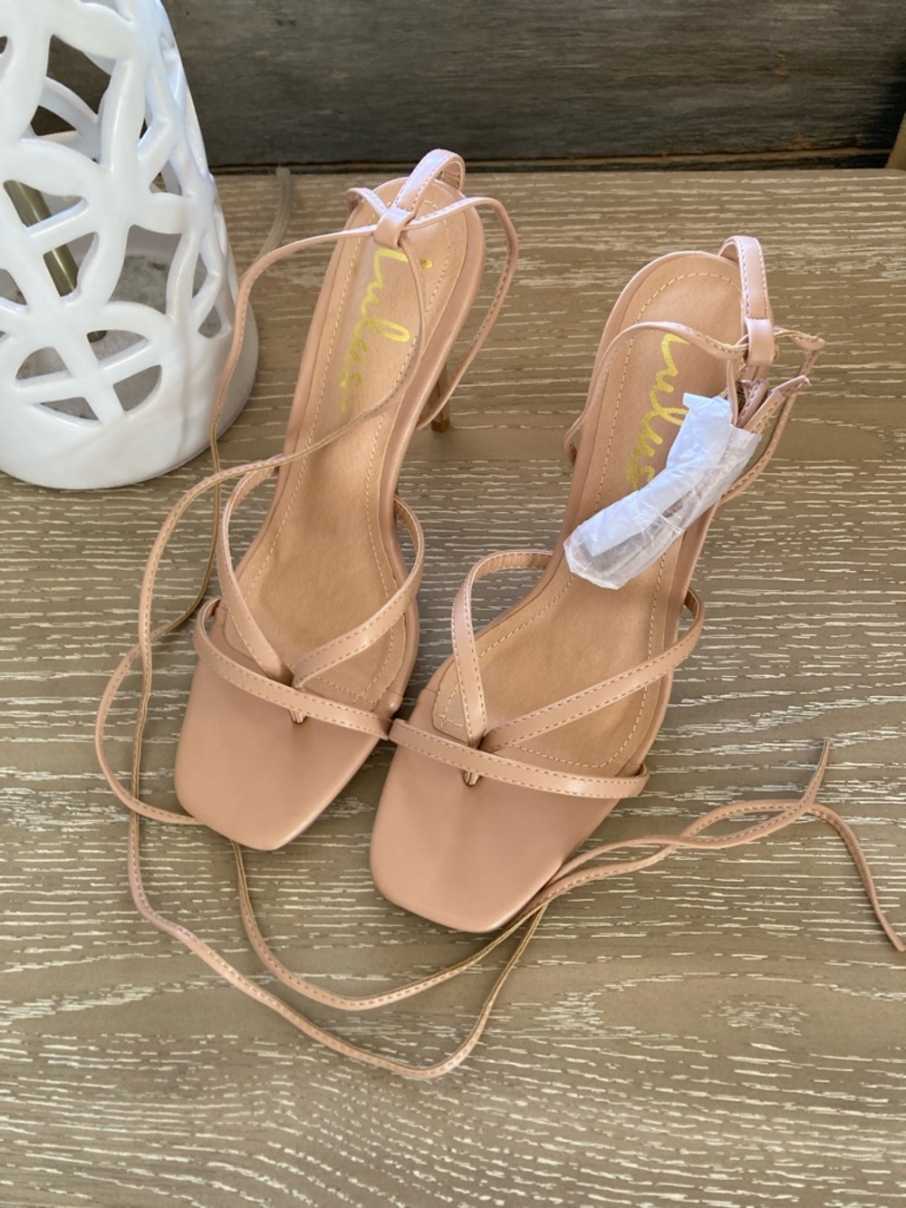 NWOB Lulus Simonee Light Nude Lace-Up High Heel Sandals - Picture 5 of 9